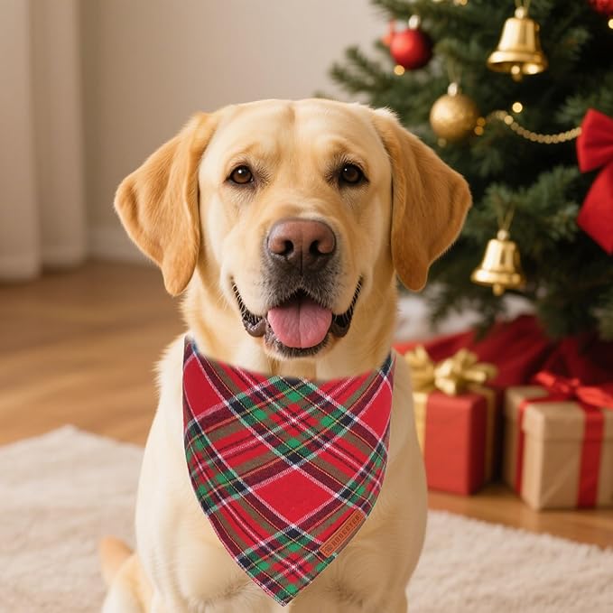 ADOGGYGO Christmas Dog Bandanas 2 Pack, Premium Cotton Fabric, Red Green Plaid Xmas Pet Scarf, Christmas Bandanas for Medium Large Dogs (Large)