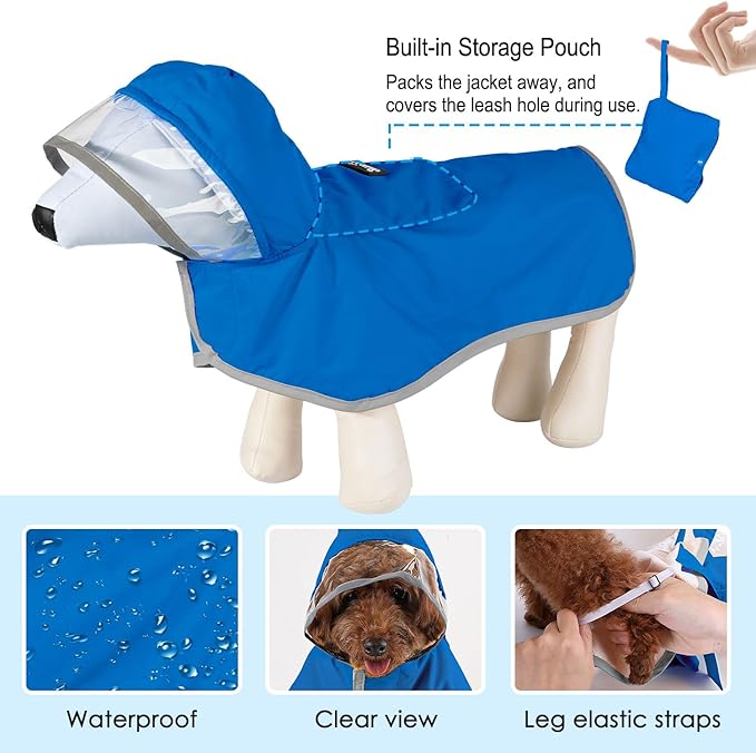 Lukovee Dog Raincoat, Adjustable Dog Rain Jacket with Clear Hooded Double Layer for Large Medium Small Dogs Puppies, Waterproof Rain Coat Poncho with Reflective Storage Pocket & Rim (BL,L)