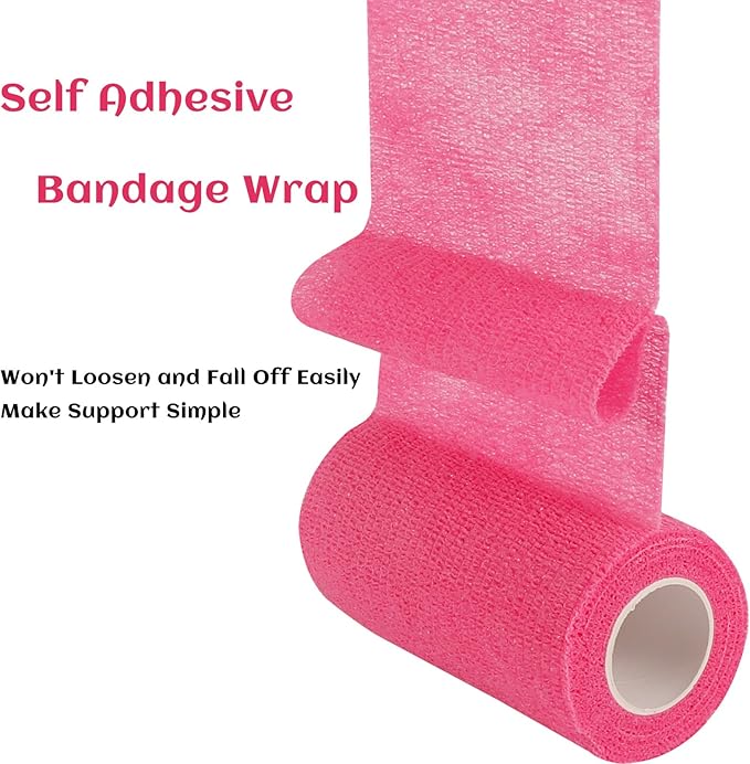 6 Rolls Elastic Self Adhesive Bandage Wrap 4 Inch, Breathable Non Woven Cohesive Bandage, Vet Wrap for Dogs, Ankle Sprains Swelling Medical First Aid Tape, Sports Athletic Tape Hot Pink
