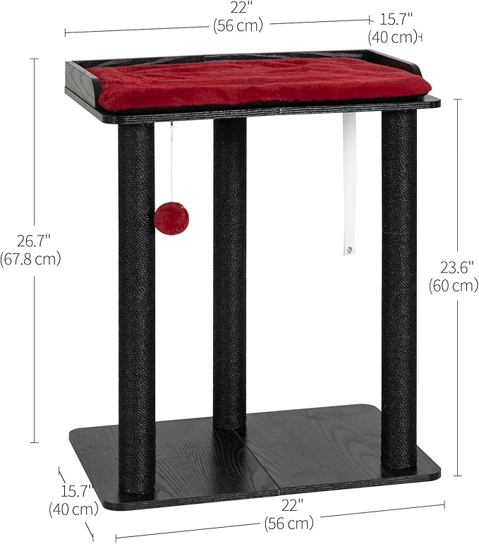 FourFurPets 26.7in Large Cat Tree Tower Condo, Cat Scratch Posts for Indoor Cats, Big Plate, Three 23.6in Full Sisal Scratching Posts, Black&Red