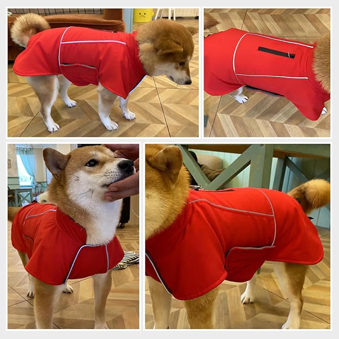 ROZKITCH Dog Raincoat Jacket, Waterproof Sweater with Fleece Liner and Leash Hole Reflective Strip for Small Medium Dog, Adjustable Windproof Poncho Vest for Outdoor Hiking Travel Red M