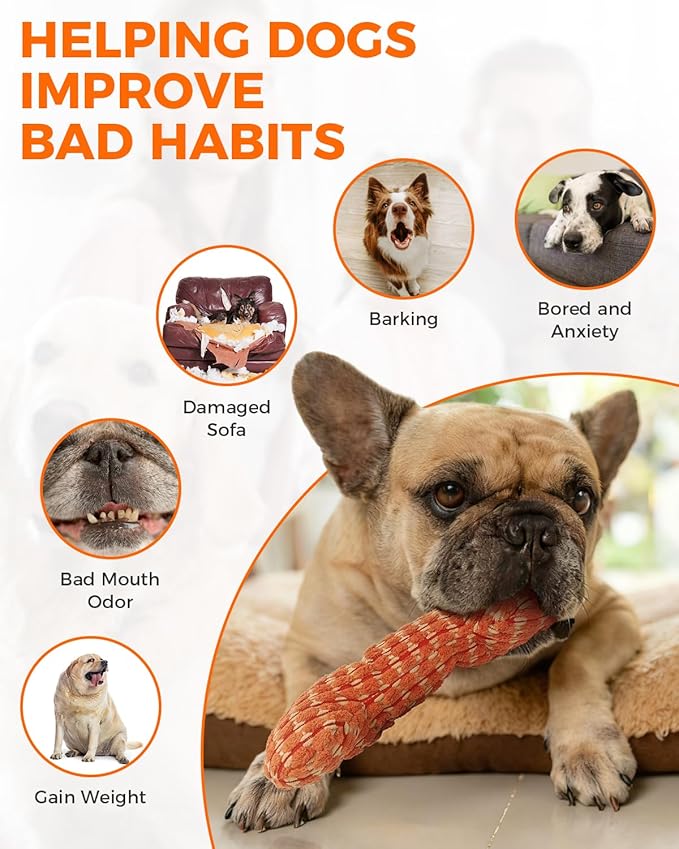 Squeaky Dog Toys for Medium Dogs, Interactive Dog Plush Toy for Aggressive Chewers, Tough Chew Gifts for Puppy Teething to Keep Them Busy and Relieve Boredom (Orange Bone)