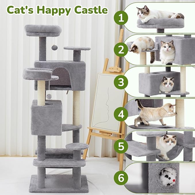 Cat Tree Tower with Large Hammock 54in Multi-Level Cozy Large Cat Tree with 2 Condo Top Perch Scratching Posts and Fun Cat Toys for Indoor Cats（Light Gray）