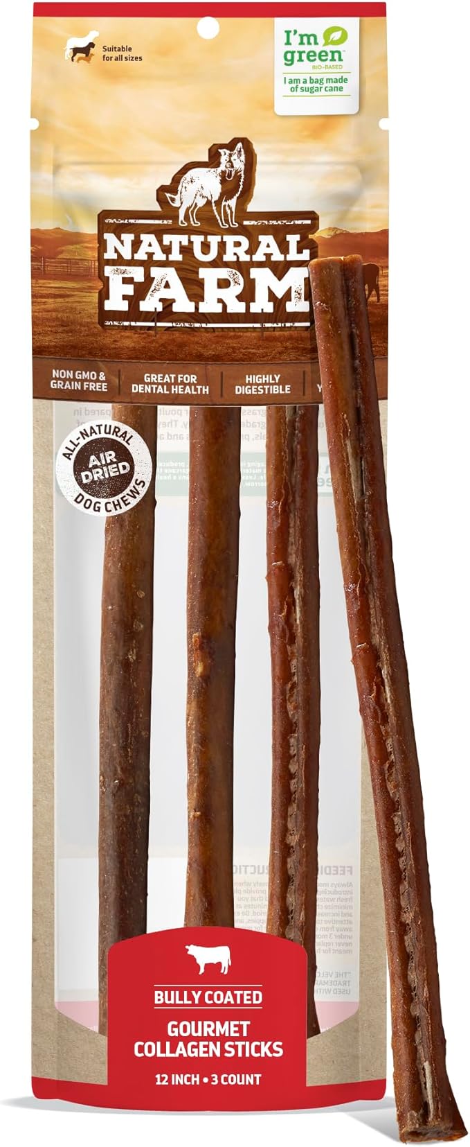 Natural Farm Bully Coated Gourmet Collagen Sticks (12 Inch, 3 Pack), Real Bully Beef Coated, 95% Natural Collagen Dog Chews, Supports Healthy Joints, Skin & Coat - Best for Small & Medium Dogs