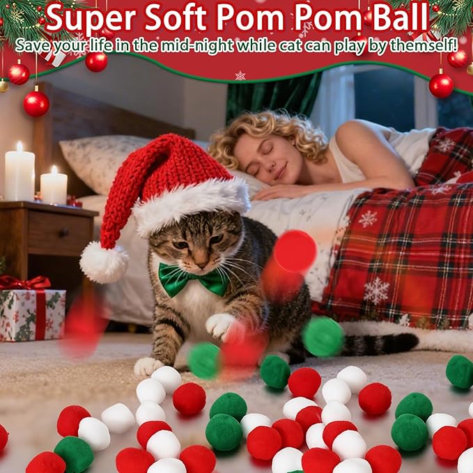 Mity rain 102PCS Cat Ball Launchers & Pom Pom Balls Interactive Cat Toy Set – Safe Soft Plush Kitten Toys for Indoor Cats, Fun Kitten Toys for Endless Active Play (Christmas)
