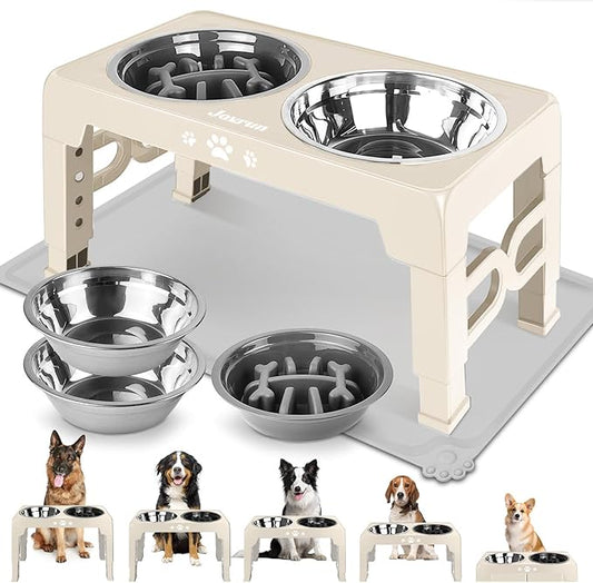 Elevated Dog Bowls, Dog Feeder with 2 Stainless Steel Dishes &1 Slow Feeder Bowl, 5 Heights Adjustable Raised Stand for Medium Large, Food Dishes with Non-Slip Feet