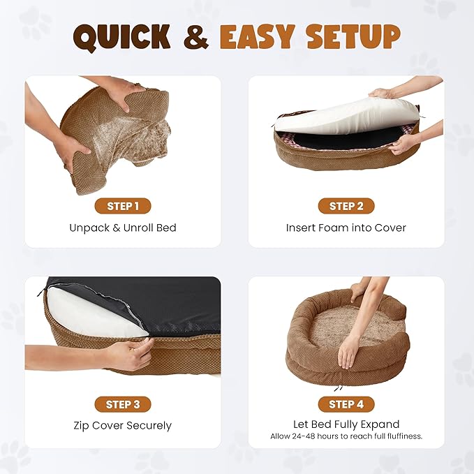 Plush Orthopedic Pet Bed for Small Dogs & Cats, 28" Oval Dog Sofa with Supportive Egg Crate Foam, Washable Removable Cover & Non-Slip Bottom, Bolstered Sides for Comfort, Camel (28")