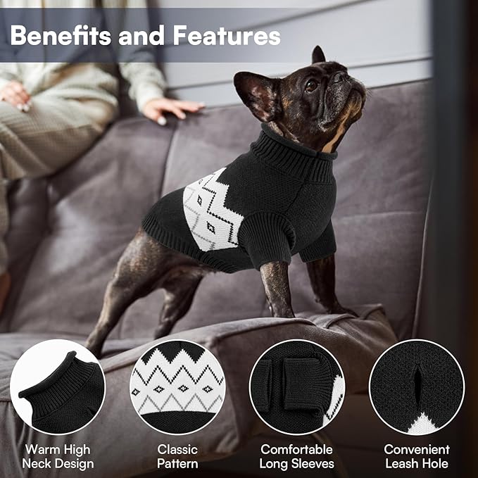 Queenmore Warm Dog Sweater, Soft Pet Knitwear, Knitted Pullover, Winter Pet Clothes for Small Medium Dogs Cats Black