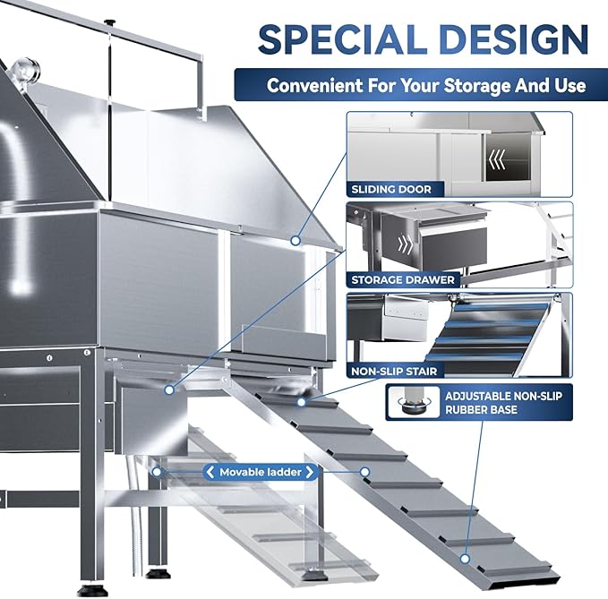 Dog Washing Station for Home, Professional 46" Stainless Steel Dog Bathing Station, Height Adjustable Dog Grooming Tub w/Stair, Storage Drawer, Upgrade Parts(Right ramp)