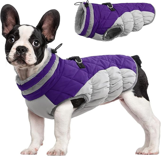 FUAMEY Dog Coat for Small Dogs,Waterproof Dog Winter Jacket with Harness Built in Puppy Cold Weather Coats Reflective Pet Vest with Zipper Warm Fleece Dogs Snowsuit Windproof Purple S