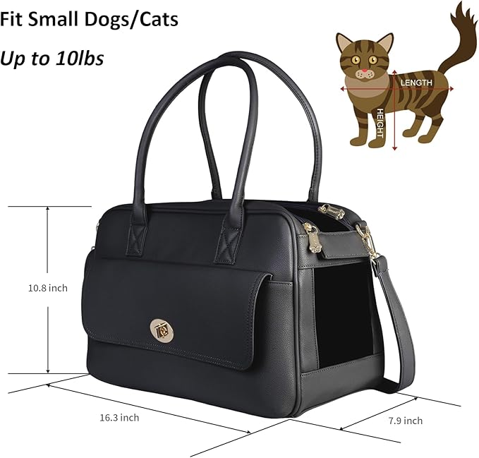 Pet Carrier Dog Purse Carrier Cat Soft-Sided Dog Carriers for Puppy Kitten, Fashion Leather Handbag Tote Travel Pet Bag for Small Dogs Cats, TSA Airline Approved (Black)