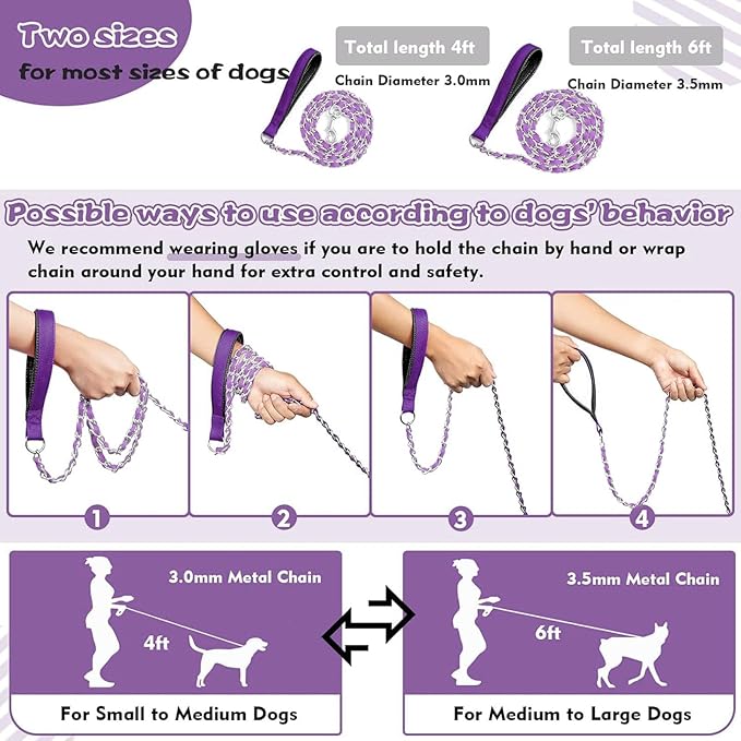 Heavy Duty Metal Dog Chain Leash with Comfortable PU Leather Padded Handle, Chew Proof, 6ft 3.5mm Purple