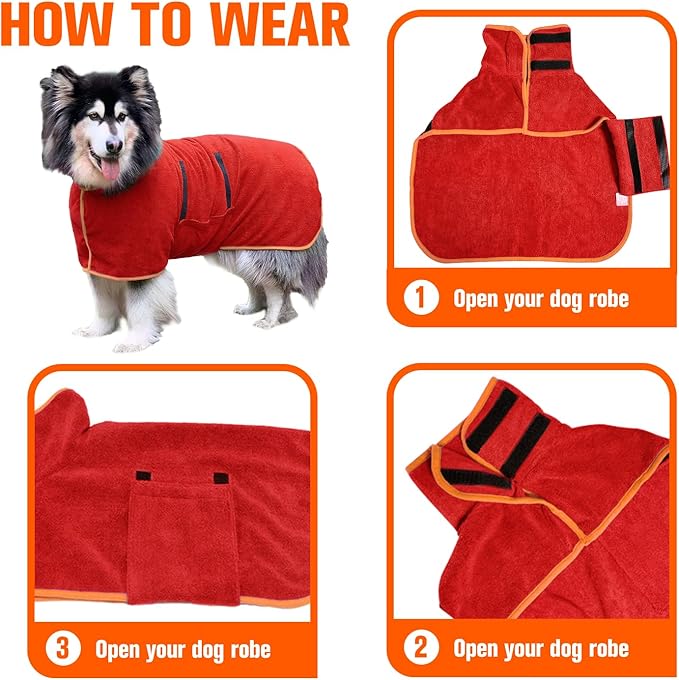 Dog Drying Coat Bathrobe Towel, Microfibre Material Fast Drying Super Absorbent Dog Bath Robe, Pet Quick Drying Moisture Absorbing with Adjustable Collar and Waist (Medium, Red)