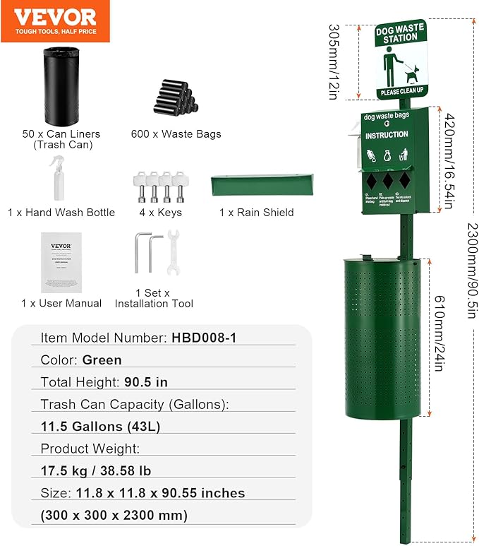 VEVOR Dog Waste Station with Hand Wash Bottle, 11.5 Gallons Pet Waste Bin with 50 Can Liners, Bag Dispenser & 600 Waste Bags, Outdoor Dog Waste Disposal System for Backyard
