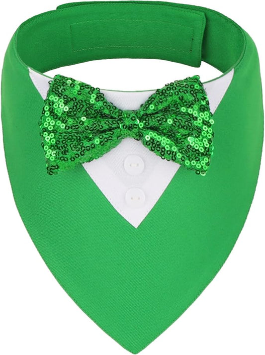 ADOGGYGO St.Patrick's Day Dog Tuxedo Bandana, Green Pet Tux Collar with Bowtie Adjustable St Patricks Costume for X-Small Dogs Pets (XS)