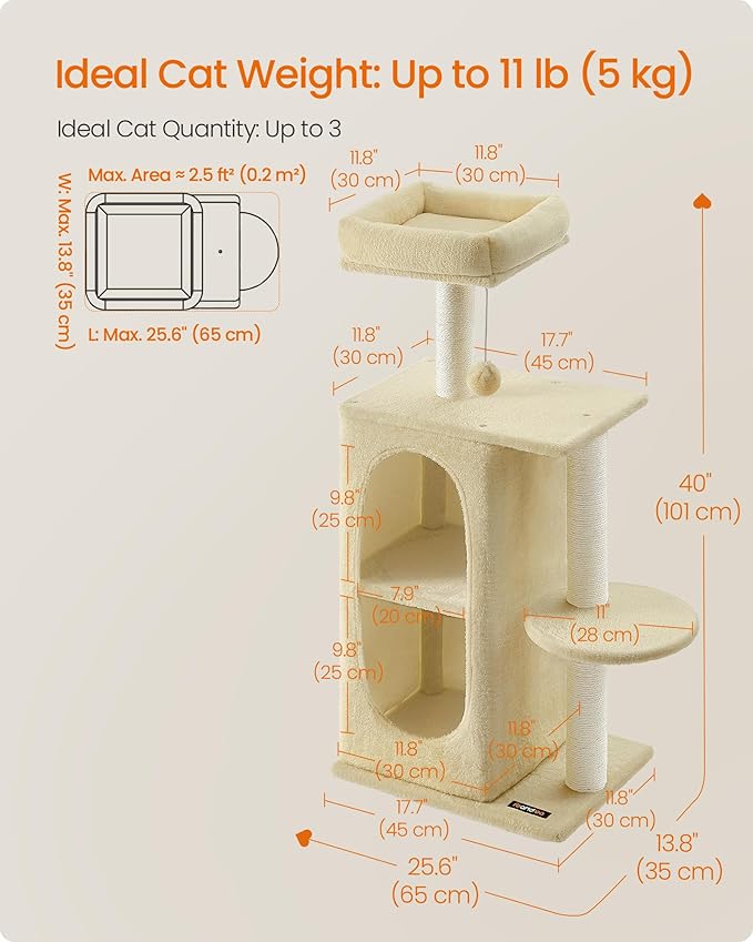 Feandrea Cat Tree, Small Cat Tower for Indoor Cats, Plush Cat Caves with Perch, Scratching Posts, for Small Spaces, Kittens, Sand Beige UPCT005Y01