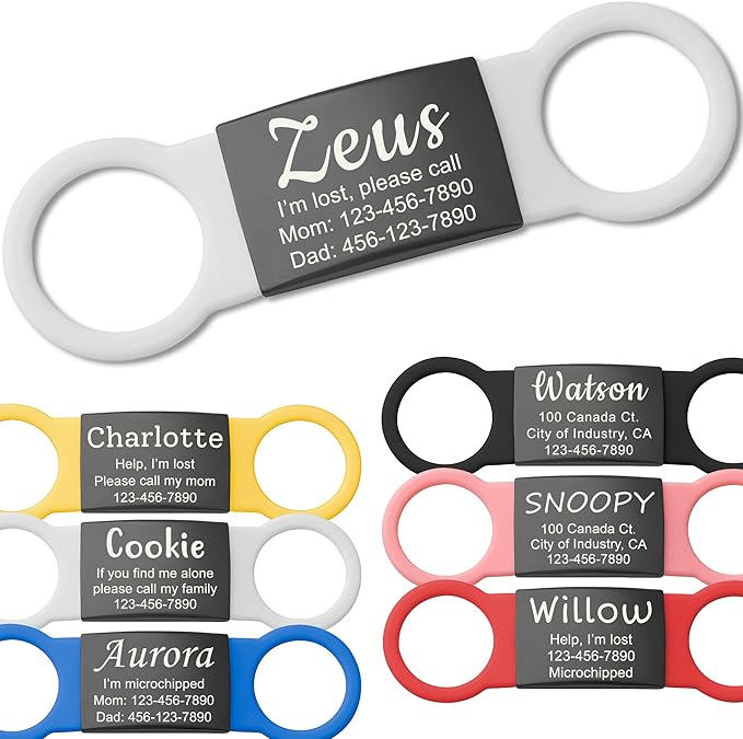 Anavia Slide On Silent Pet ID Tags, S/M/L/XL Personalized Black Stainless Steel Colored Silicone Cat Dog Name Tag, Customized Engraved Nameplate, Quiet Chew-Proof Pet Collar Tag (White, Small)