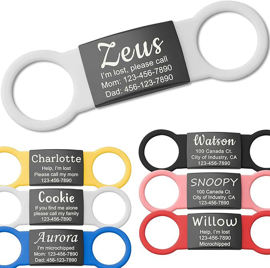 Anavia Slide On Silent Pet ID Tags, S/M/L/XL Personalized Black Stainless Steel Colored Silicone Cat Dog Name Tag, Customized Engraved Nameplate, Quiet Chew-Proof Pet Collar Tag (White, Large)