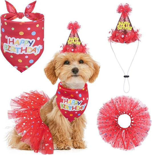 SCENEREAL Dog Birthday Bandana with Hat and Dress Girl Set, Puppy Birthday Party Supplies, Cute Tutu Skirt Red Outfit for Small Medium Large Dogs