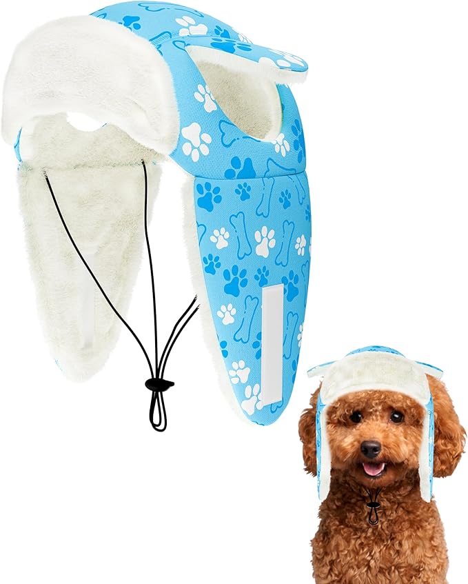 PET SHOW Dog Trapper Hat Winter Hat for Small Dogs Warm Fleece Aviator Hats with Ear Flaps Adjustable Outdoor Boy Puppy Pet Pilot Costume Cap S-Blue Paw/with Ear Holes