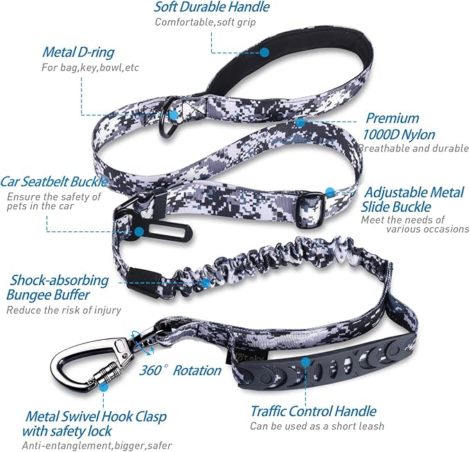 Hotsky Tactical Dog Leash Heavy Duty,4-6Ft Strong Bungee Shock Absorbing Lead with Padded Double Handle,Car Seatbelt,Metal Carabiner Clip,No Pull Leash for Small Dogs,ACU