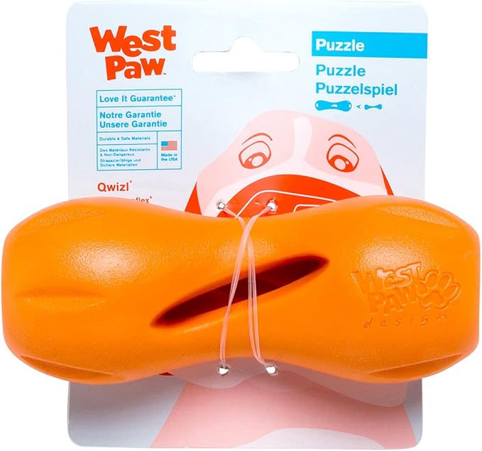 WEST PAW Zogoflex Qwizl Dog Puzzle Treat Toy – Interactive Chew Toy for Dogs – Dispenses Pet Treats – Brightly-Colored Dog Enrichment Toy for Aggressive Chewers, Fetch, Catch, Small 5.5", Tangerine