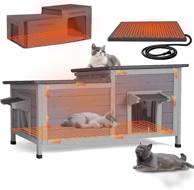GUTINNEEN Large Heated Cat House Outdoor Insulated Cat House Weatherproof Feral Cat Shelter with Thermostat-Controlled Heating Pad, 6-Sided Thermal Liner for 1-4 Feral Stray Barn Cats (Winter-Ready)