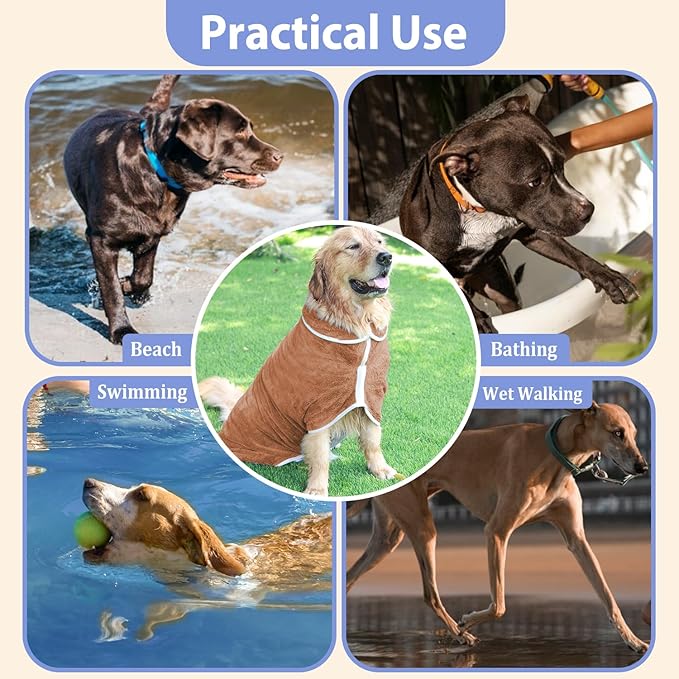 Dog Bathrobe Towel Dog Drying Coat - Super Absorbent Towels Bath Robe for Dogs Large, Soft Adjustable Collar & Belly Strap Fast Drying Coat Pet Cat Bath Robe (Brown, Large)