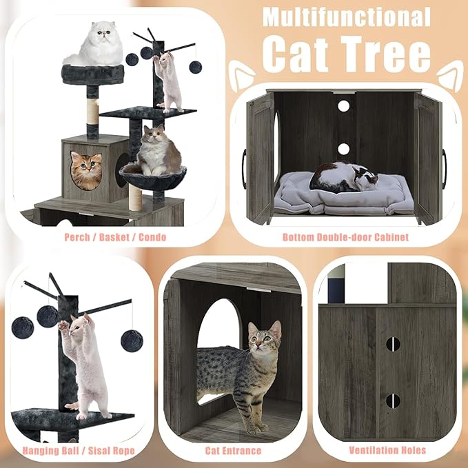 Cat Tree with Litter Box, Wood Litter Box Enclosure with Food Station, Modern Cat Tower for Indoor Large Cats with Large Platform,Cat Condo with Scratching Posts, Hammock, Caves, Basket,Grey