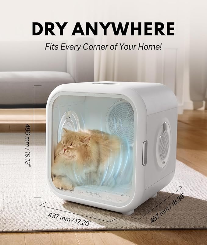 HomeRunPet Cat Dryer, 360° Efficient Automatic and Quiet Box with Smart Temperature Control, Ideal for Cats and Medium Dogs (62L Drybo Pro Pet Dryer Box)