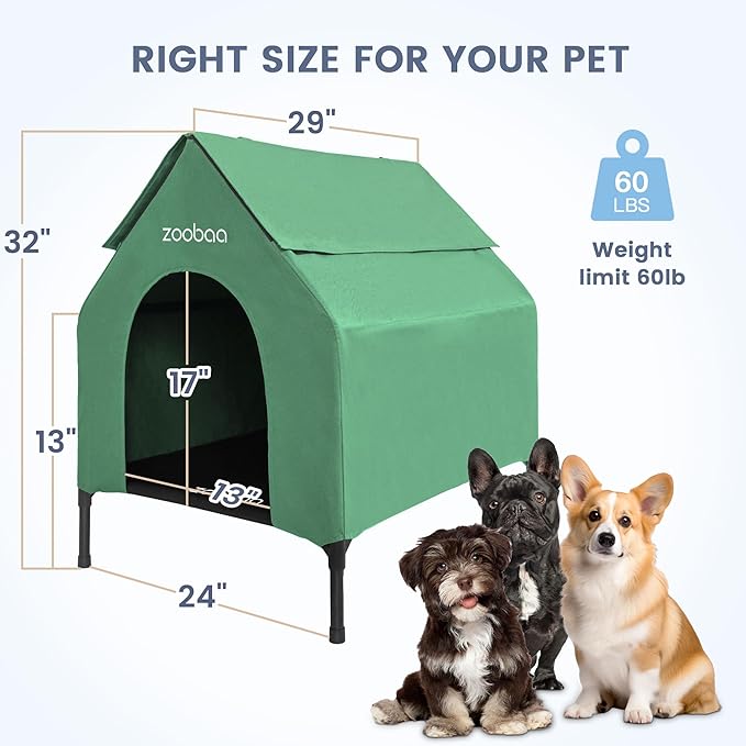 29" 2-in-1 Dog House for Medium Dogs, Elevted Dog House Outdoor/Indoor, Weatherproof Elevated Pet Shelter, Breathable Mesh & Steel Frame, Easy to Assemble & Clean(Green)