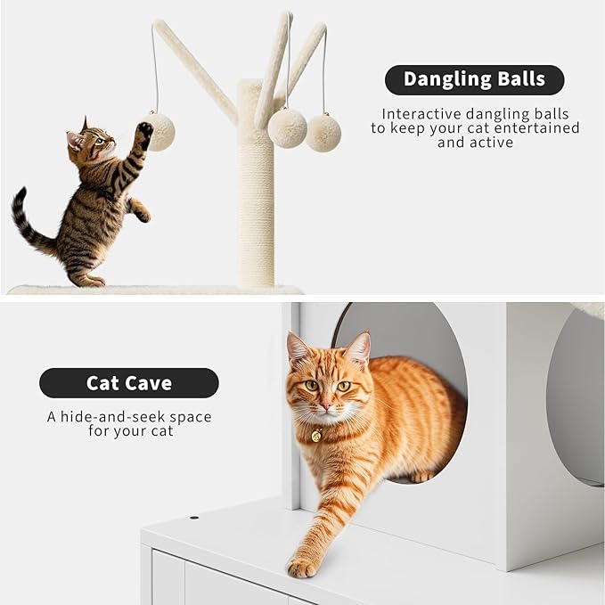 Litter Box Enclosure with Cat Tree Tower and Condo, Hidden Cat Washroom Furniture with Sisal Scratching Post & Soft Plush Perch, Wooden Cat Furniture with Multiple Platforms,White