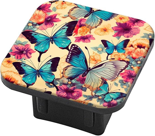 Hitch Cover Fits for 2-Inch Hitch,Blue Butterflies and Colorful Flowers Pattern Rubber Trailer Hitch Cover Tube Plug Insert,Car Exterior Accessories, Receiver Tube Hitch Plug