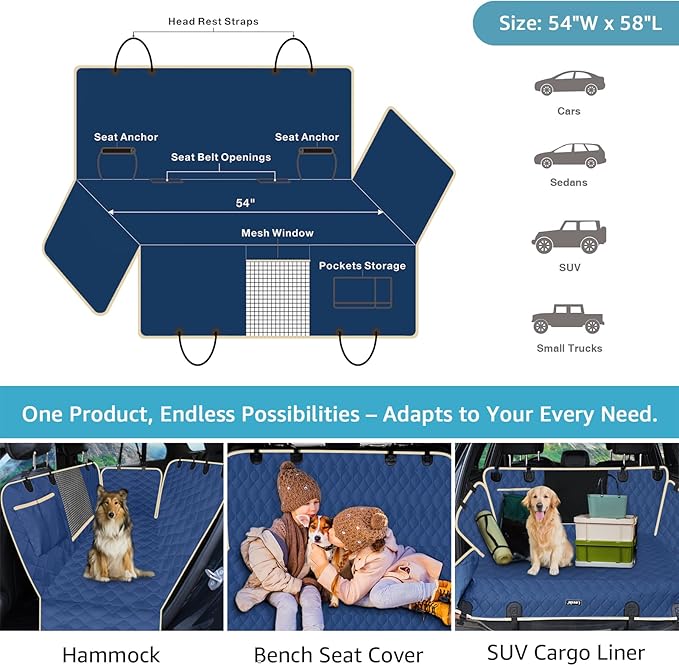 Lassie Dog Car Seat Covers for Back Seat with 2 Seat Belts, Waterproof Dog Car Hammock with Mesh Window Durable Scratch Proof Nonslip Pet Carseat Covers Universal Fit Protector for Cars, Trucks & SUVs