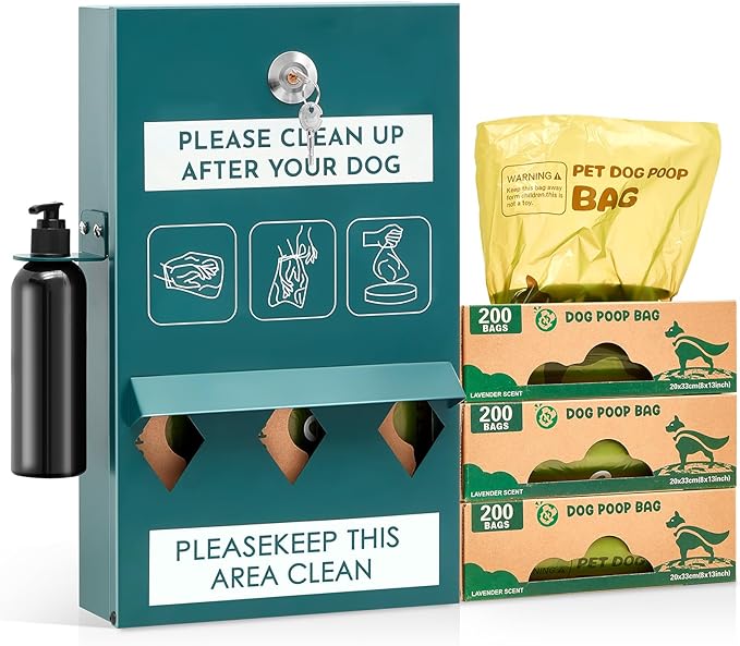 Abbylike 1 Set Outdoor Dog Bag Storage Dispenser with Bags and Hand Sanitizer Bottle Green Poop Station Wall Mounted Dog Waste Container for Pet Waste Wall Home Porch Lawn Yard Fence