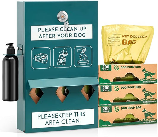 Abbylike 1 Set Outdoor Dog Bag Storage Dispenser with Bags and Hand Sanitizer Bottle Green Poop Station Wall Mounted Dog Waste Container for Pet Waste Wall Home Porch Lawn Yard Fence
