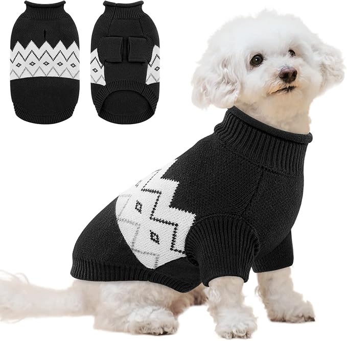 Queenmore Warm Dog Sweater, Soft Pet Knitwear, Knitted Pullover, Winter Pet Clothes for Small Medium Dogs Cats Black