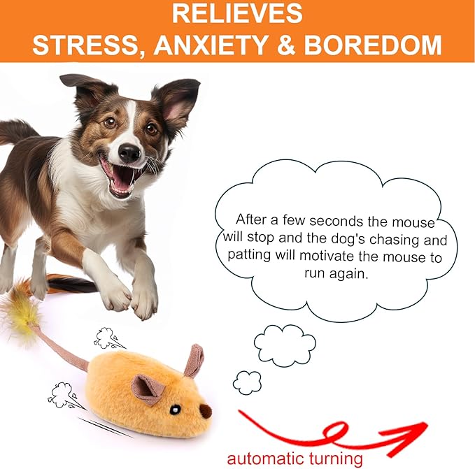 BABORUI Interactive Dog Toys Mouse, Escaping Mice Squeaky Dog Toys with Lights & Auto-Turn, Rechargeable Moving Dog Toy for Small/Medium/Large Dogs & Cats (Yellow)