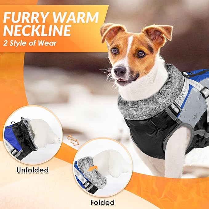 SlowTon Dog Jacket with Harness Built in - Waterproof Fleece Winter Warm Dog Coats for Small Medium Dogs, Reflective Adjustable Furry Puppy Vest Clothes for Outdoor Walking (Blue,XS)