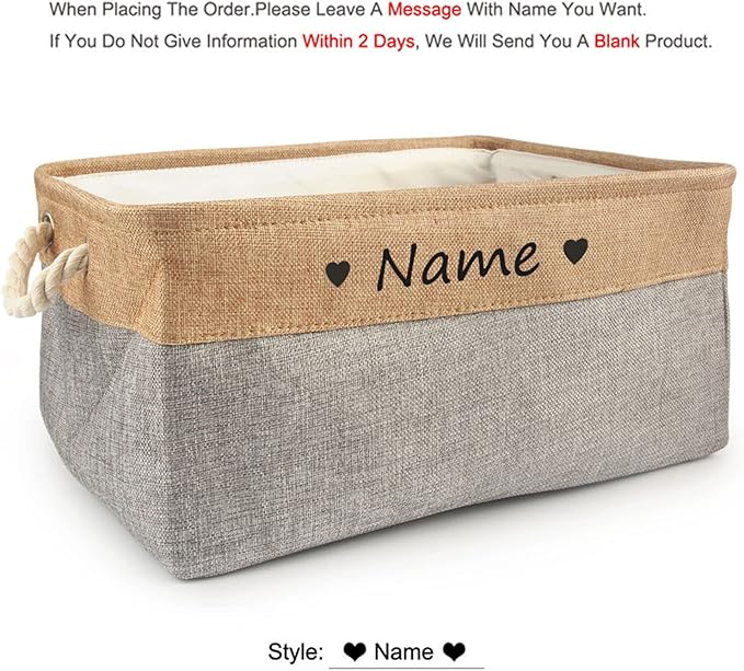 Personalized Dog Toy Box, Dog Toy Basket Storage with Cotton Handle, Customized Name and Paw Heart Print Puppy Toy Bin for Organizing Food Clothes and Pets Accessories(Heart Gray)