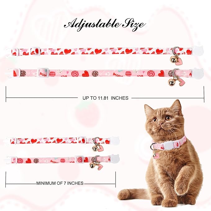 2 Pack Valentine's Day Cat Collar with Bell,Unique Style Paws Valentine's Day Cat Collar with Breakaway Buckle,Adjustable Puppy Collar with Cute Heat Love Pattern,Ideal Gift for Boy Girl Cats