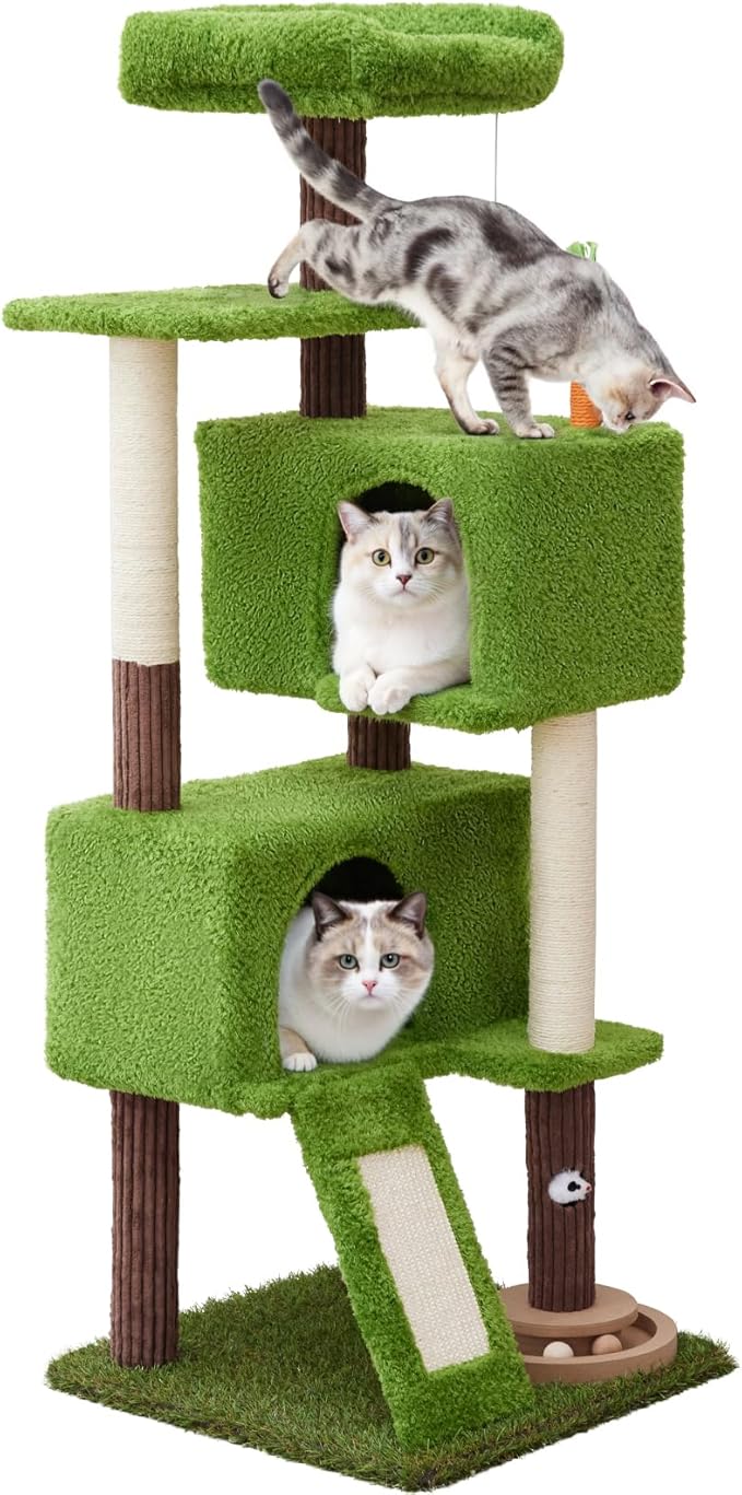 55in Tall Cat Tree Tower with Cat Toys for Indoor Multi-Level Cozy Large Cat Tree with Condo Top Perch and Sisal Scratching Posts, Green Cat Tower for Kitty and Adult Cats