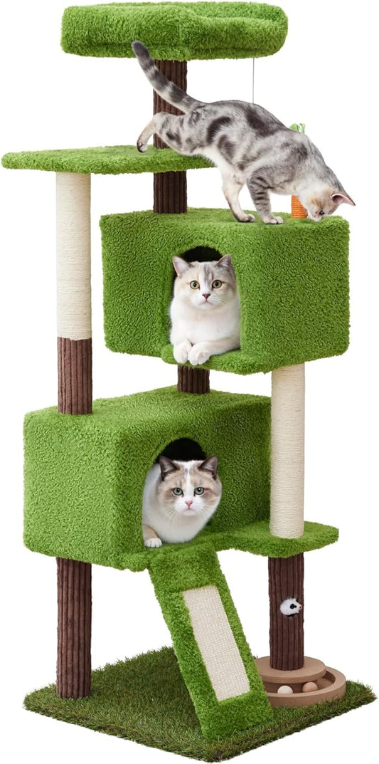 55in Tall Cat Tree Tower with Cat Toys for Indoor Multi-Level Cozy Large Cat Tree with Condo Top Perch and Sisal Scratching Posts, Green Cat Tower for Kitty and Adult Cats