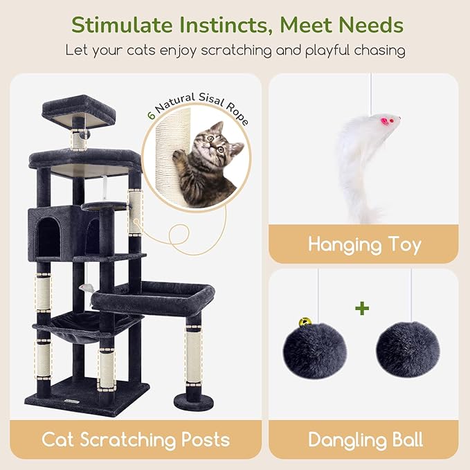 Globlazer Extra Large Platform Cat Tree, 65in Sturdy Cat Scratching Tree for Indoor Cats Large Adult, Big Cat Perch Tower with 3 Padded Perches, 6 Scratching Posts, Cat Condo, Hammock, S65, Dark Grey