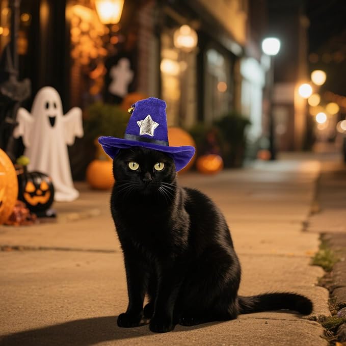 PETLESO Cat Wizard Hat Pet Halloween Costumes Witch Cosplay Outfit with Bell for Small Dogs, Cats & Rabbits, Adjustable, Purple