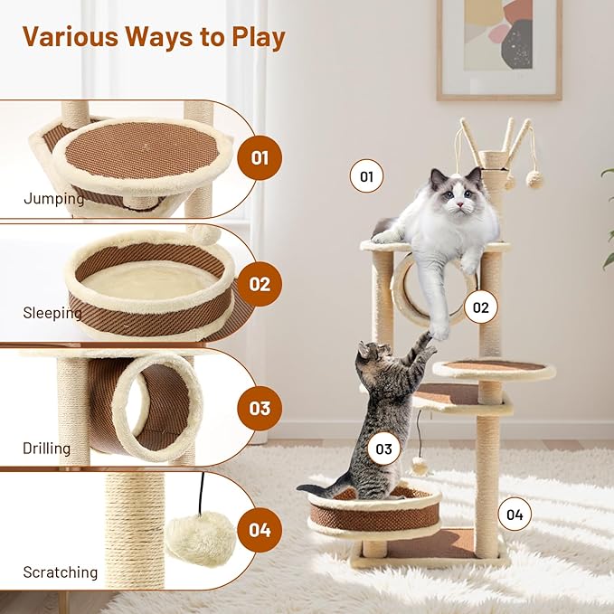 Rattan Cat Tree House with Scratching Post,Wicker Basket,Bed,and Stand Modern Cat Climbing Tower Condo for Indoor Large Adult Cat