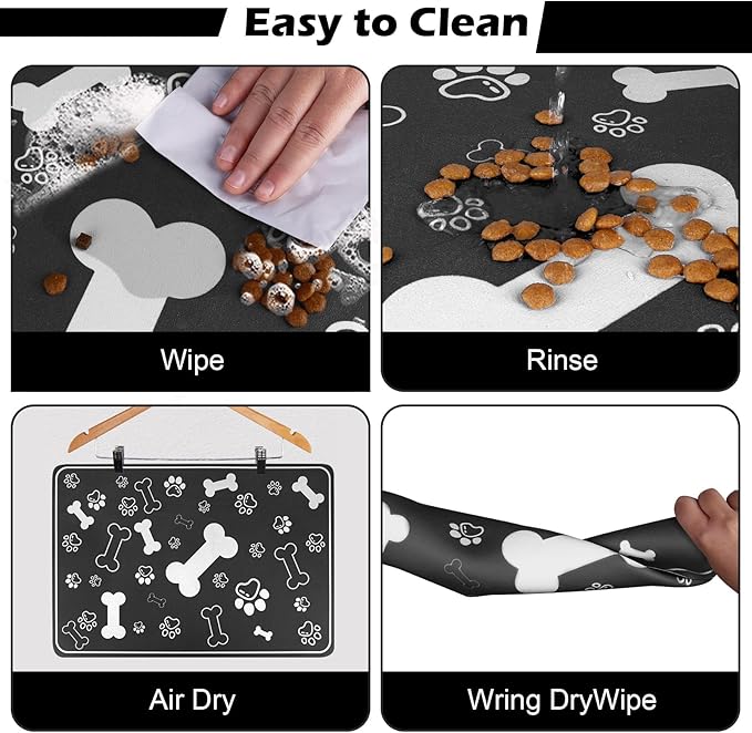 Pet Feeding Mat,Rapid Absorbent Mats for Dog Cat Food, Dog Placemat Water Bowl Mat with Rubber Backing,Messy Drinkers to Protect Floors, Pet Accessories 16"×24" Black