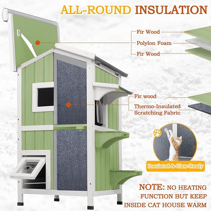 PetsCosset Insulated Cat House Outdoor Weatherproof All-Round Insulation Two Story Outside Wooden Feral Cat Shelter for Winter with 2 Escape Doors, Pull Out Floor and Openable Roof for Cats, Green