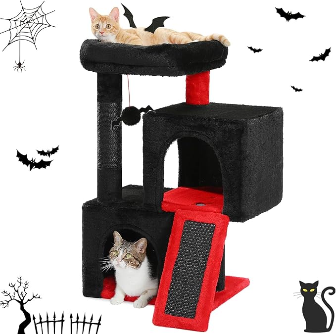 PAWZ Road Gothic Cat Tree, 30 Inches Black Cat Tower with Dual Condos for Indoor Cats, Spooky Cat House with Padded Perch, Scratching Ramp and Posts and Bat Toys