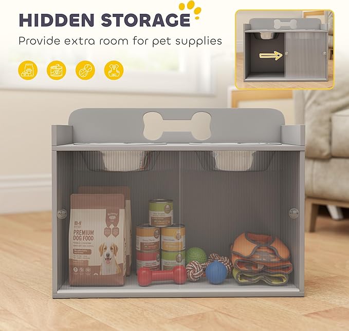 PawHut Elevated Dog Bowls with Storage, Raised Dog Bowl Stand with 2 Stainless Steel Food Dishes and Slow Feeder, Pet Feeding Station for Large Breeds, Gray